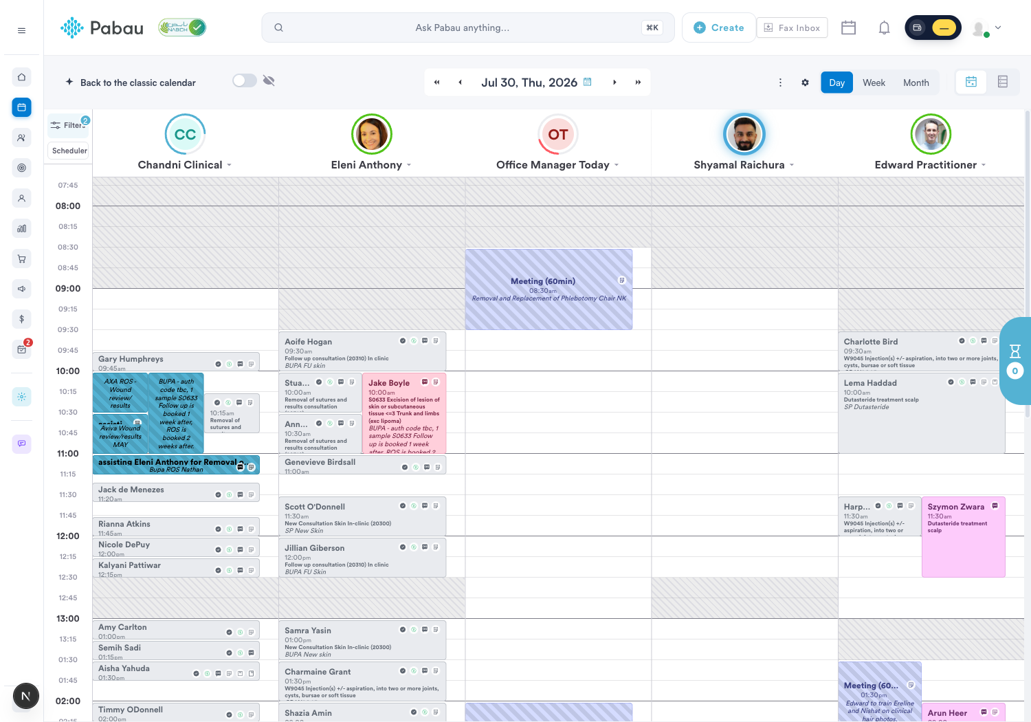 The Pabau calendar day view with practitioner columns