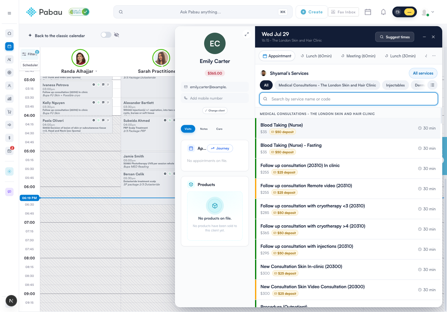 Selecting the client and service in the create appointment panel