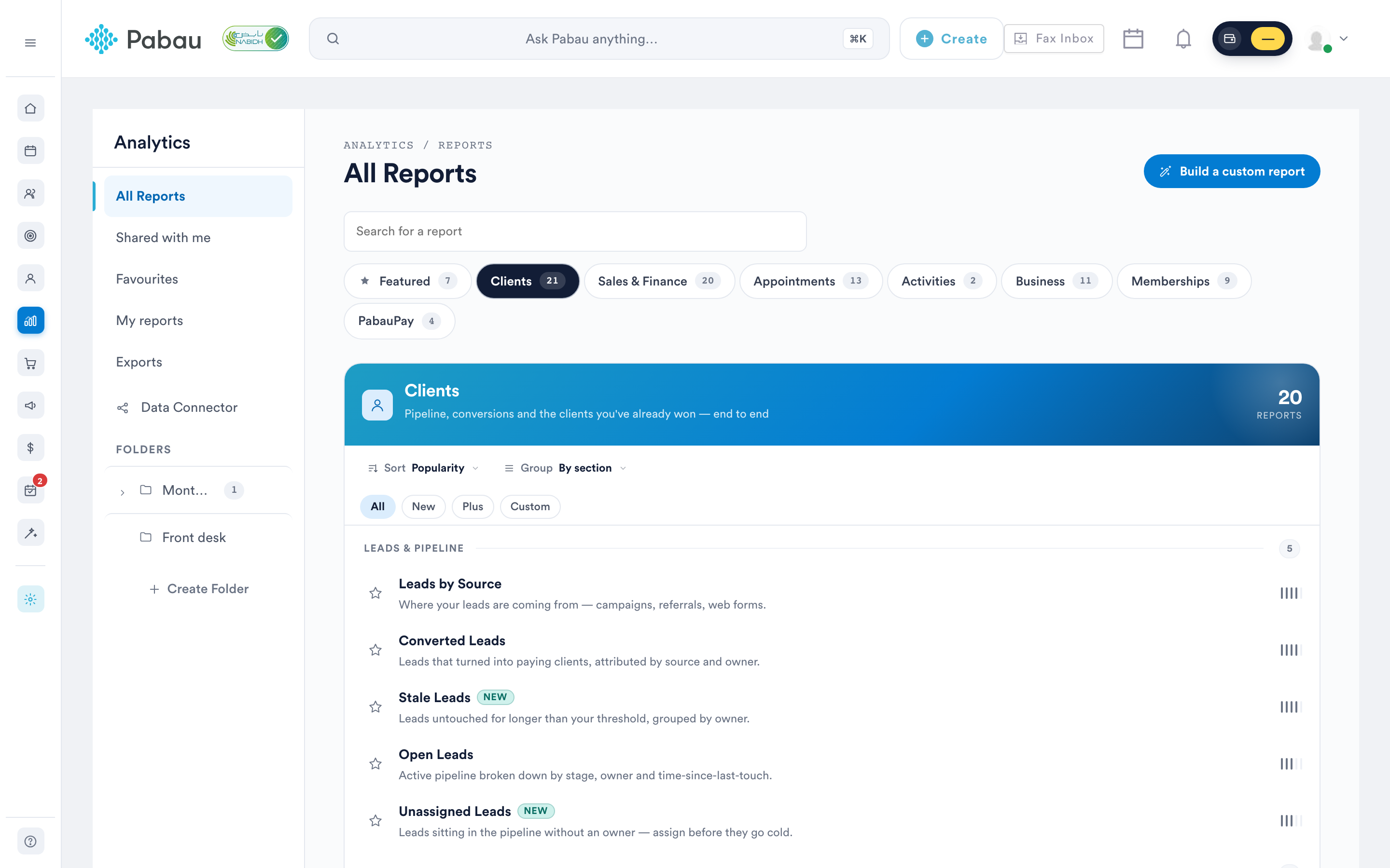 The Clients tab of the new reports view