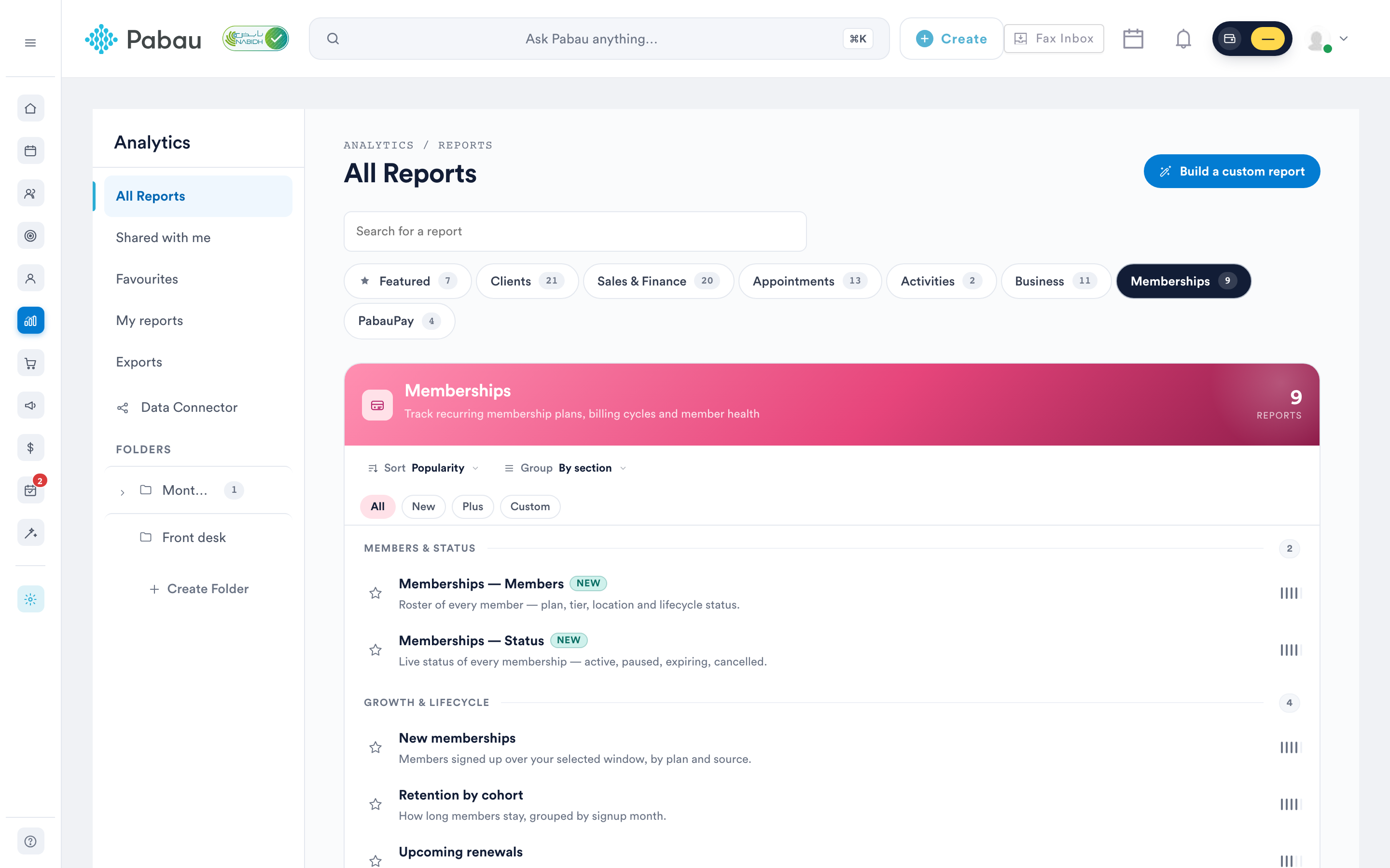 The Folders section of the reports sidebar with the Create Folder action