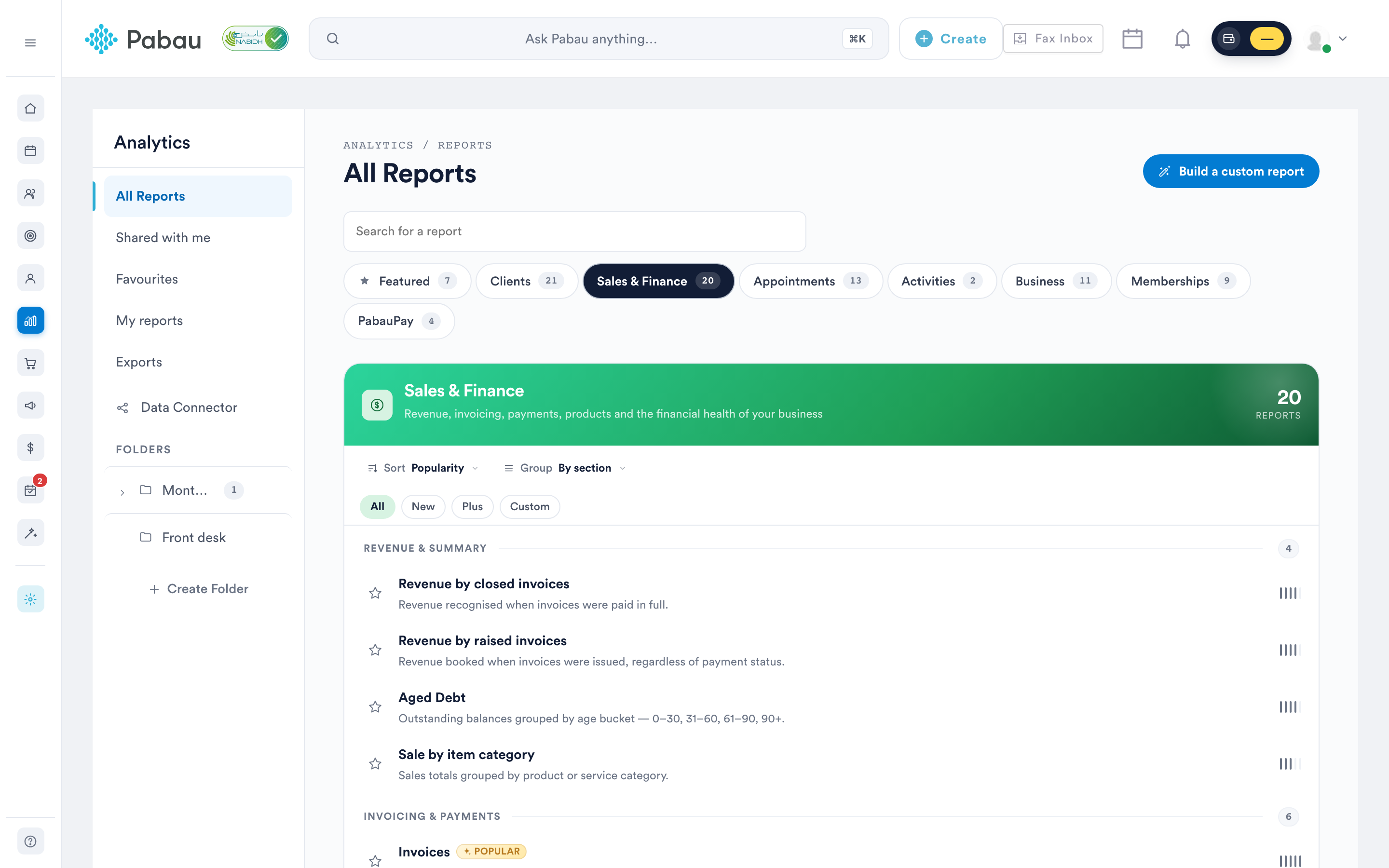 The Sales & Finance section of the new reports view