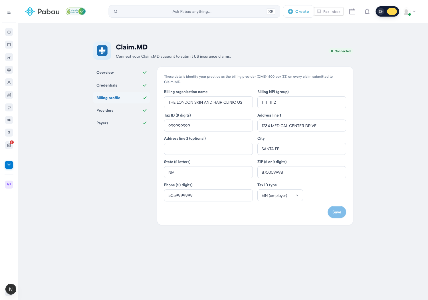 The Claim.MD billing profile in Pabau