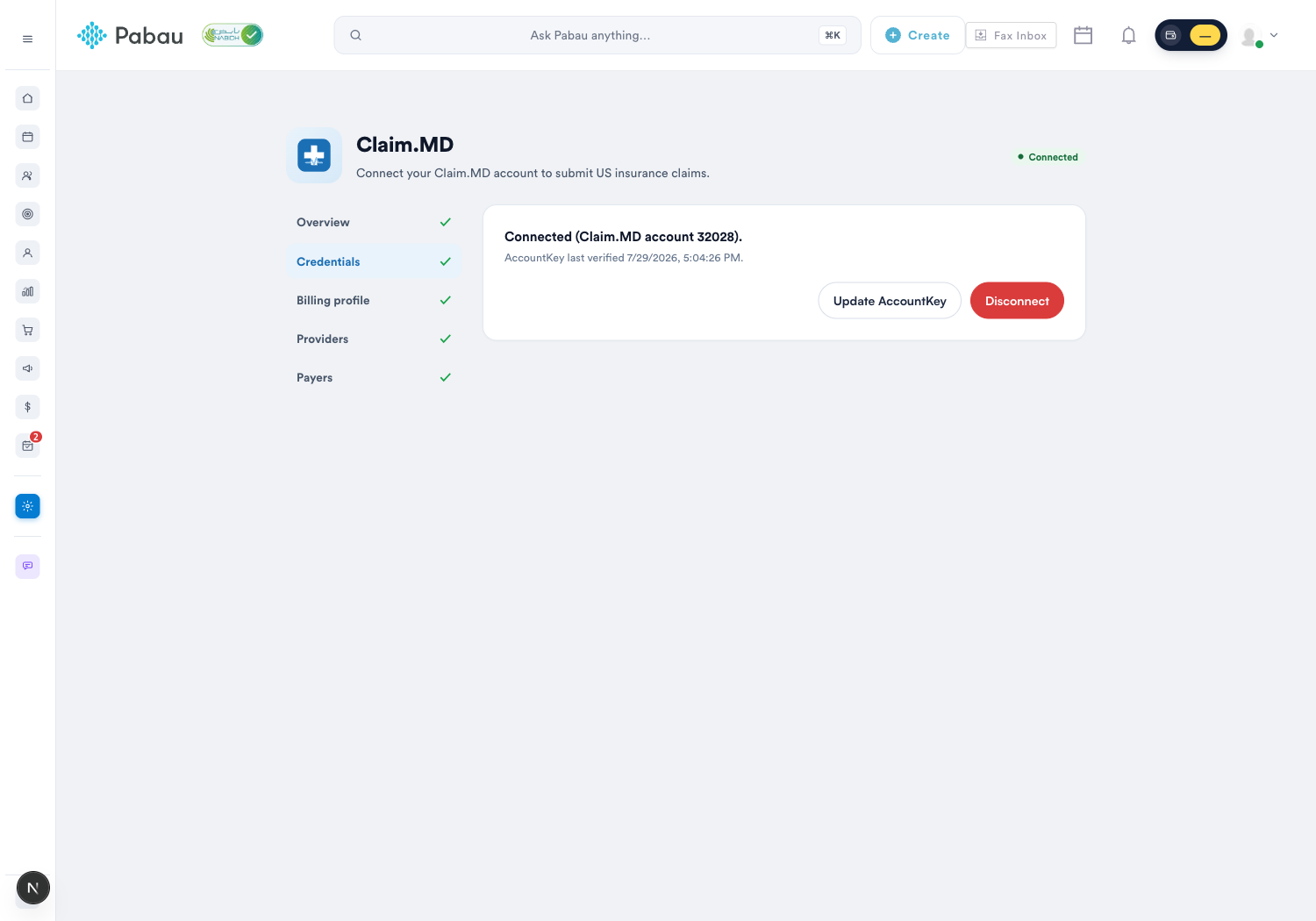Claim.MD account connected in Pabau