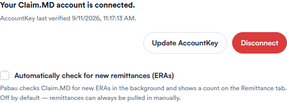 The Automatically check for new remittances (ERAs) toggle on the Claim.MD Credentials tab