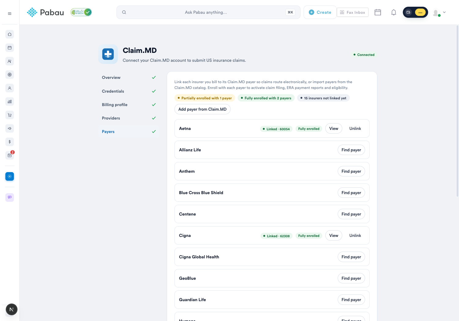 The Payers tab, showing payer links and enrollment statuses