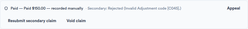 A paid claim whose secondary was rejected, offering the Resubmit secondary claim button