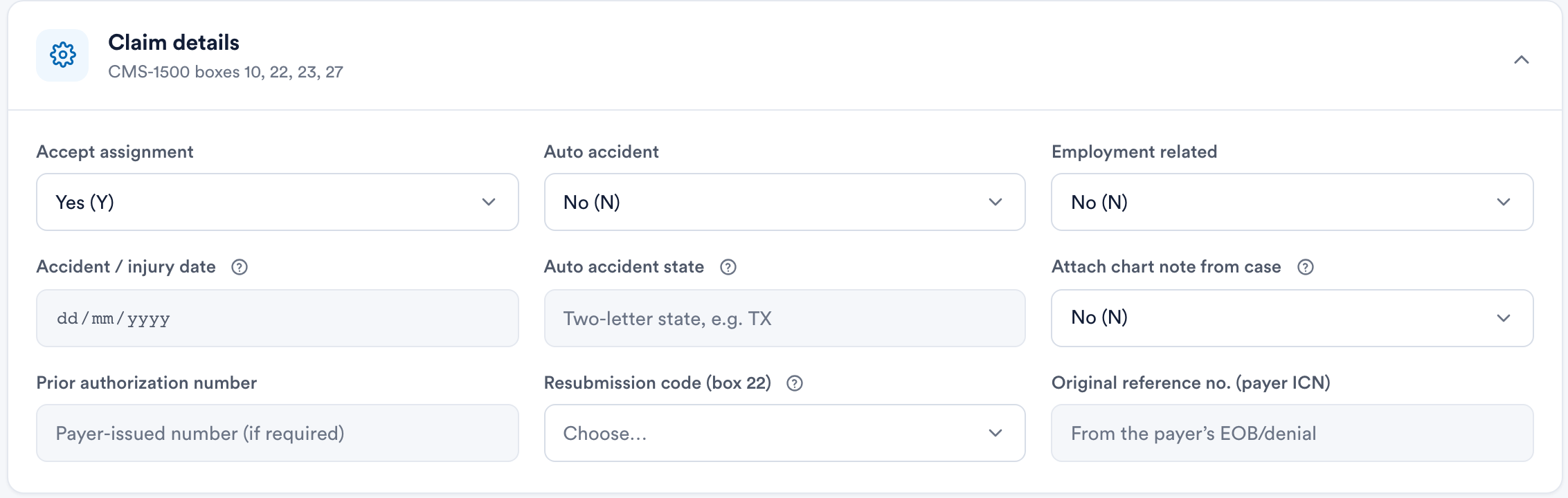 The Claim details section of a Pabau claim with the Auto accident, Employment related, Accident / injury date, and Auto accident state fields