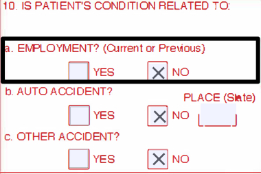 Box 10 of the CMS-1500 claim form with the employment, auto accident, and other accident YES/NO checkboxes