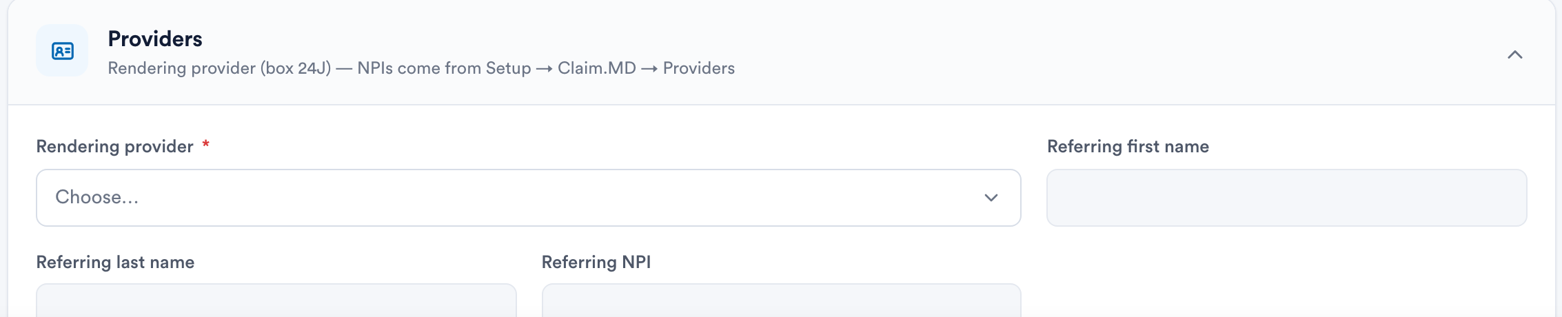 The Providers section of a Pabau claim with the Referring first name, Referring last name, and Referring NPI fields