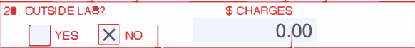 Box 20 of the CMS-1500 claim form with the NO checkbox marked and 0.00 in the charges cell
