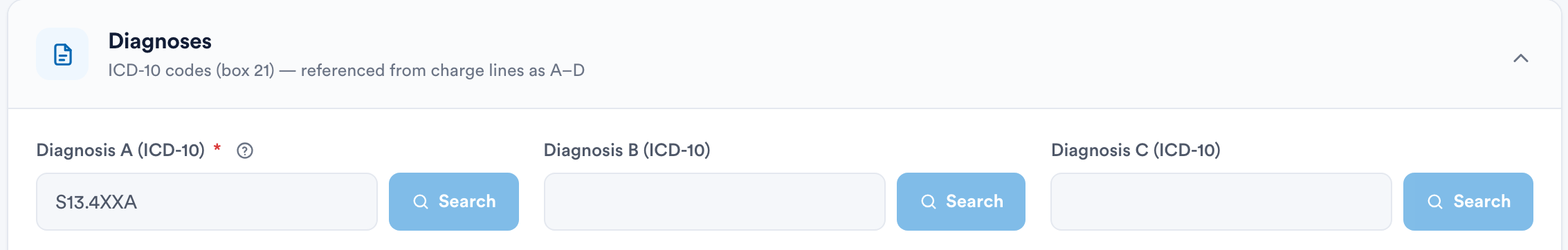 The Diagnoses section of a Pabau claim with ICD-10 slots and the primary diagnosis seeded in Diagnosis A