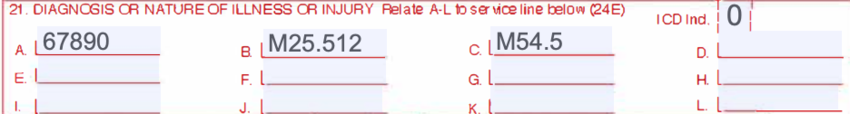 Box 21 of the CMS-1500 claim form with the twelve lettered diagnosis lines and the ICD indicator cell