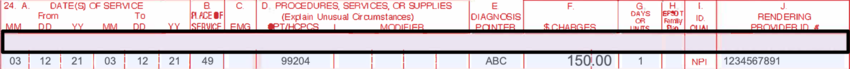 Box 24 of the CMS-1500 claim form: the service-line grid with columns 24A through 24J and one completed line