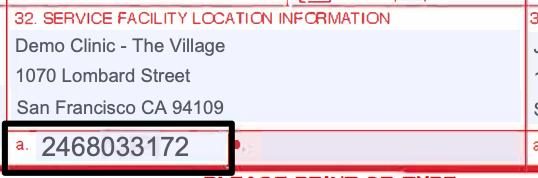 Box 32a of the CMS-1500 claim form with an example service facility NPI filled in