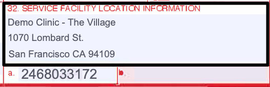 Box 32 of the CMS-1500 claim form with an example service facility name and address filled in