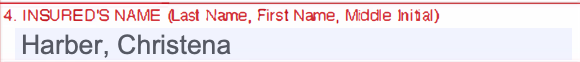Box 4 of the CMS-1500 claim form showing the insured's name in last name, first name order