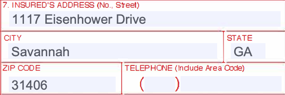 Box 7 of the CMS-1500 claim form with cells for the insured's street, city, state, ZIP code, and telephone