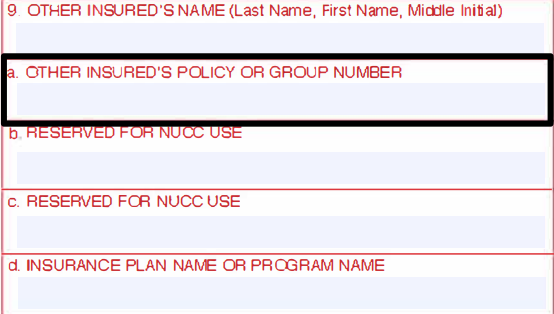 Box 9a of the CMS-1500 claim form for the other insured's policy or group number