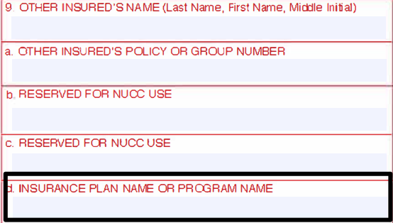 Box 9d of the CMS-1500 claim form for the insurance plan name or program name