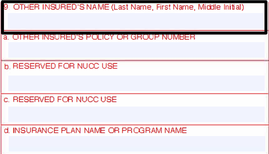 Box 9 of the CMS-1500 claim form for the other insured's name, with boxes 9a through 9d below it