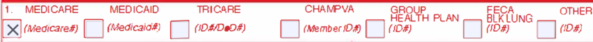 Box 1 of the CMS-1500 claim form with the seven coverage type checkboxes