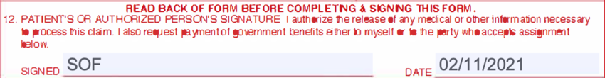 Box 12 of the CMS-1500 claim form with the Signed and Date lines