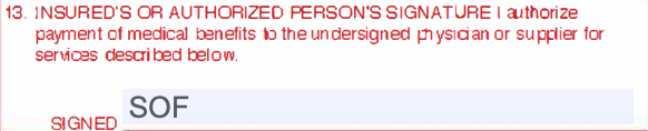 Box 13 of the CMS-1500 claim form for the insured's or authorized person's signature