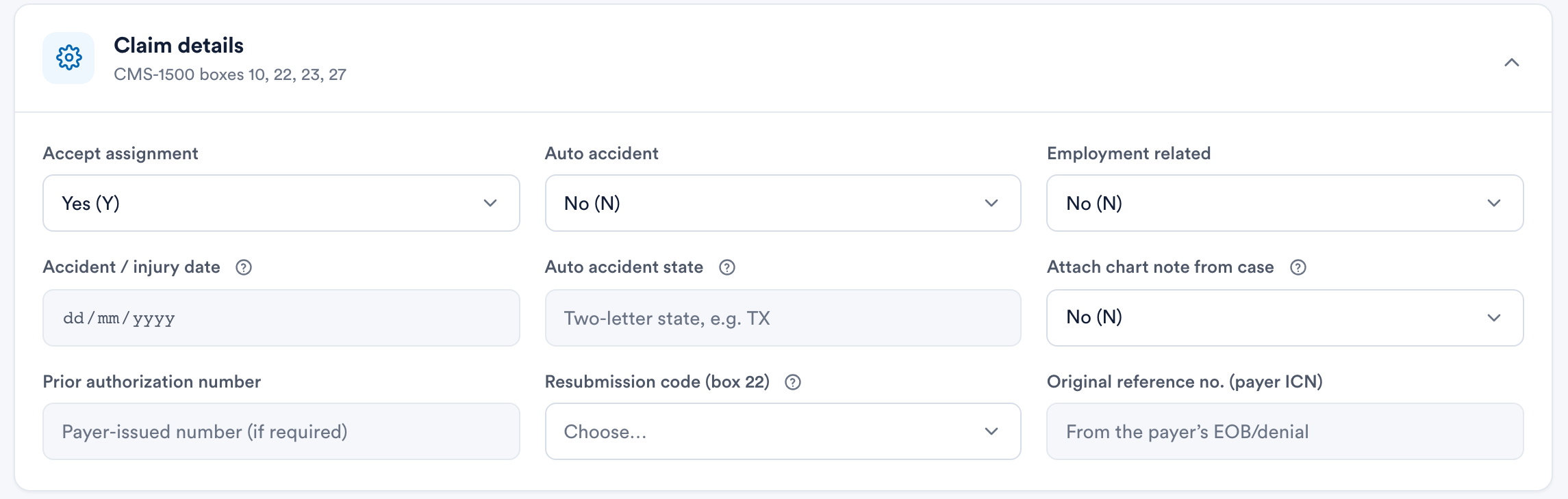 The Claim details section of a Pabau claim with the Accident / injury date and Auto accident state fields