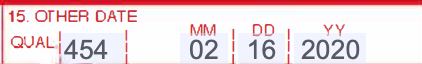 Box 15 of the CMS-1500 claim form with the QUAL cell and the date cells