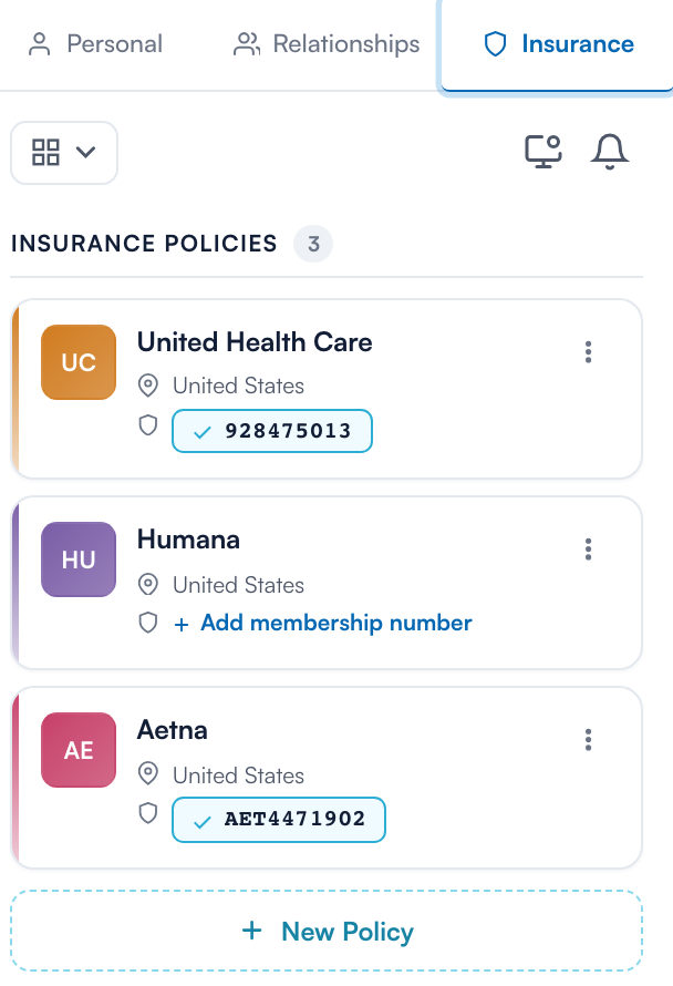 The Insurance tab on the client card listing policies with their membership numbers