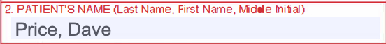 Box 2 of the CMS-1500 claim form showing the patient's name in Last Name, First Name format