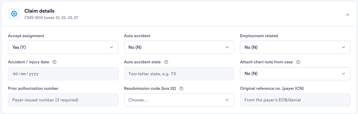 The Claim details section of a Pabau claim with the Prior authorization number field