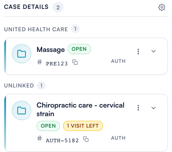 The CASE DETAILS list on the Insurance tab of the client card, showing auth cases with their authorization numbers