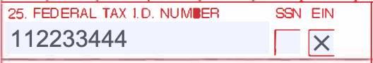 Box 25 of the CMS-1500 claim form with the federal tax ID number and the SSN and EIN checkboxes