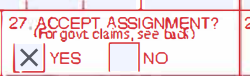 Box 27 of the CMS-1500 claim form with the YES and NO accept assignment checkboxes