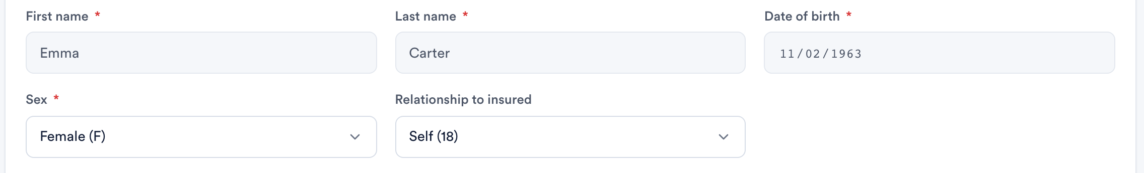 The Patient section of a Pabau claim with the Date of birth field and the Sex select