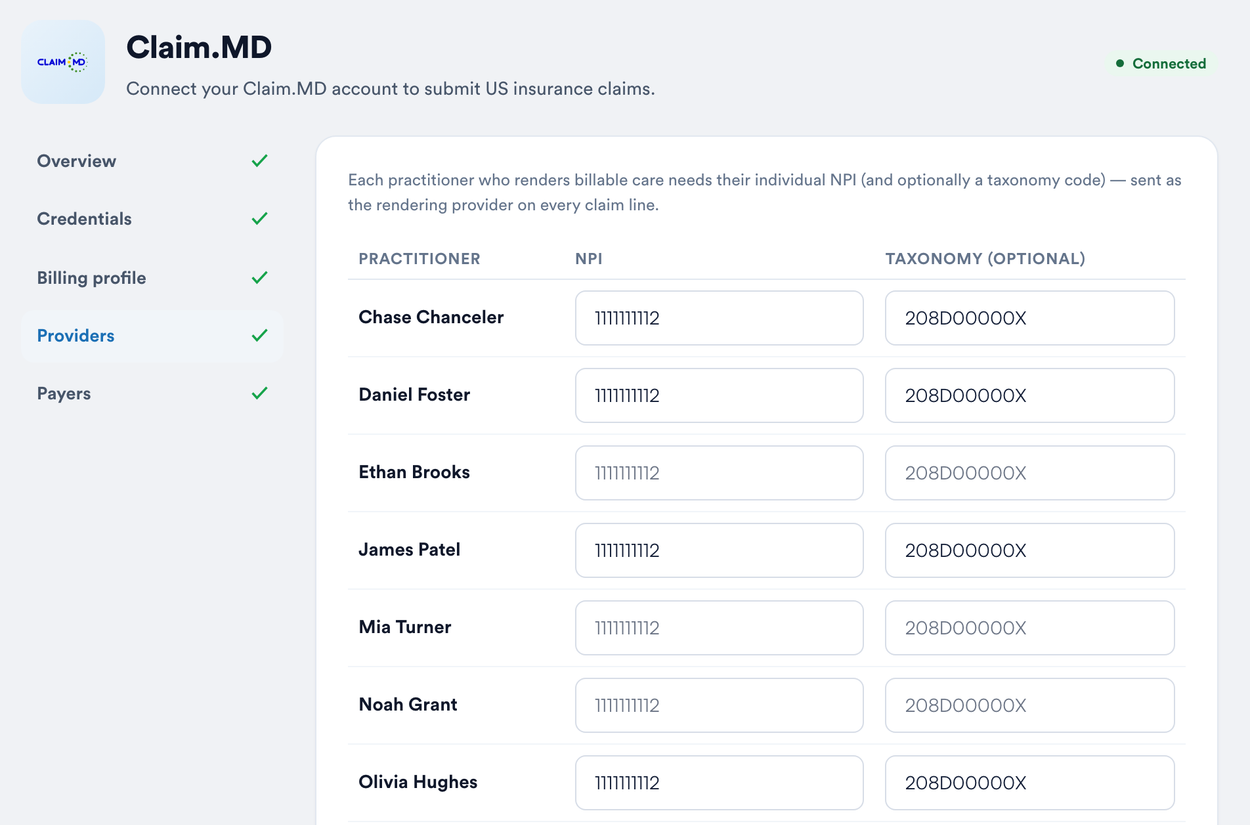 The Providers tab of Setup > Claims > Claim.MD listing each practitioner with their NPI and optional taxonomy code