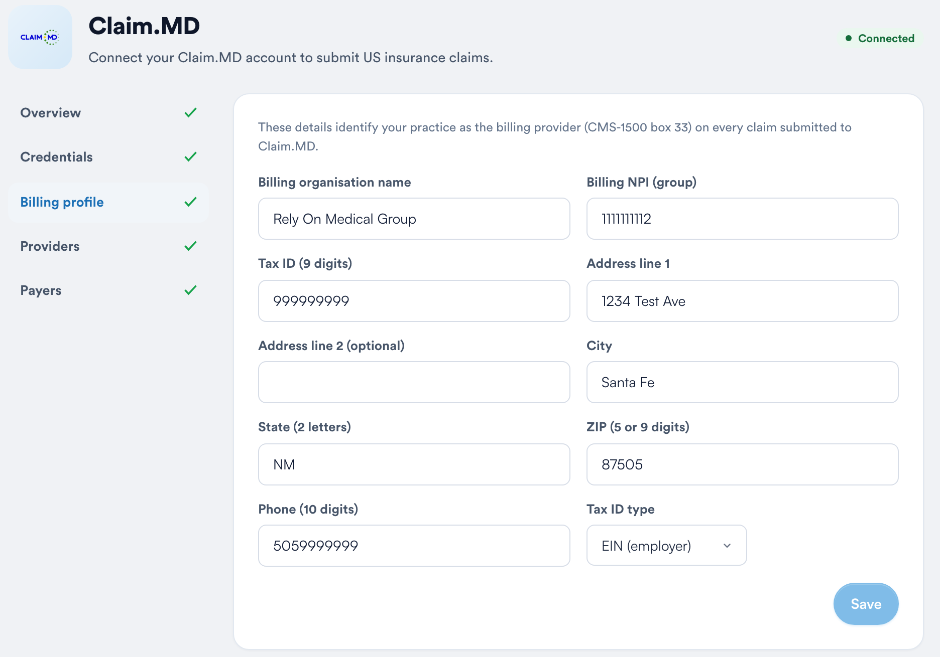 The Billing profile tab under Setup > Claims > Claim.MD with the organisation name, group NPI, tax ID, address, and phone