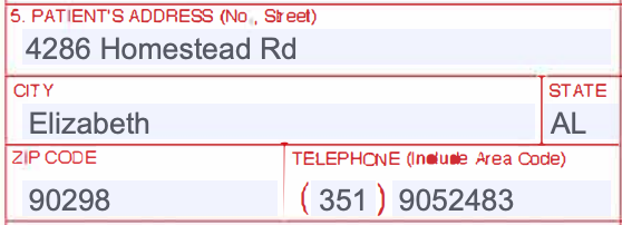 Box 5 of the CMS-1500 claim form with the patient's address, city, state, ZIP code, and telephone cells