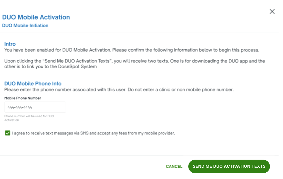 DUO Mobile Activation screen in DoseSpot