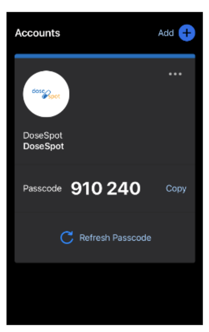 DUO Mobile passcode screen for the DoseSpot account