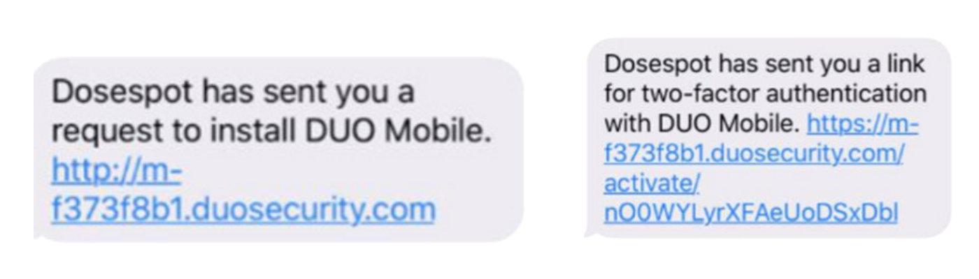 The two DUO text messages: install link and activation link