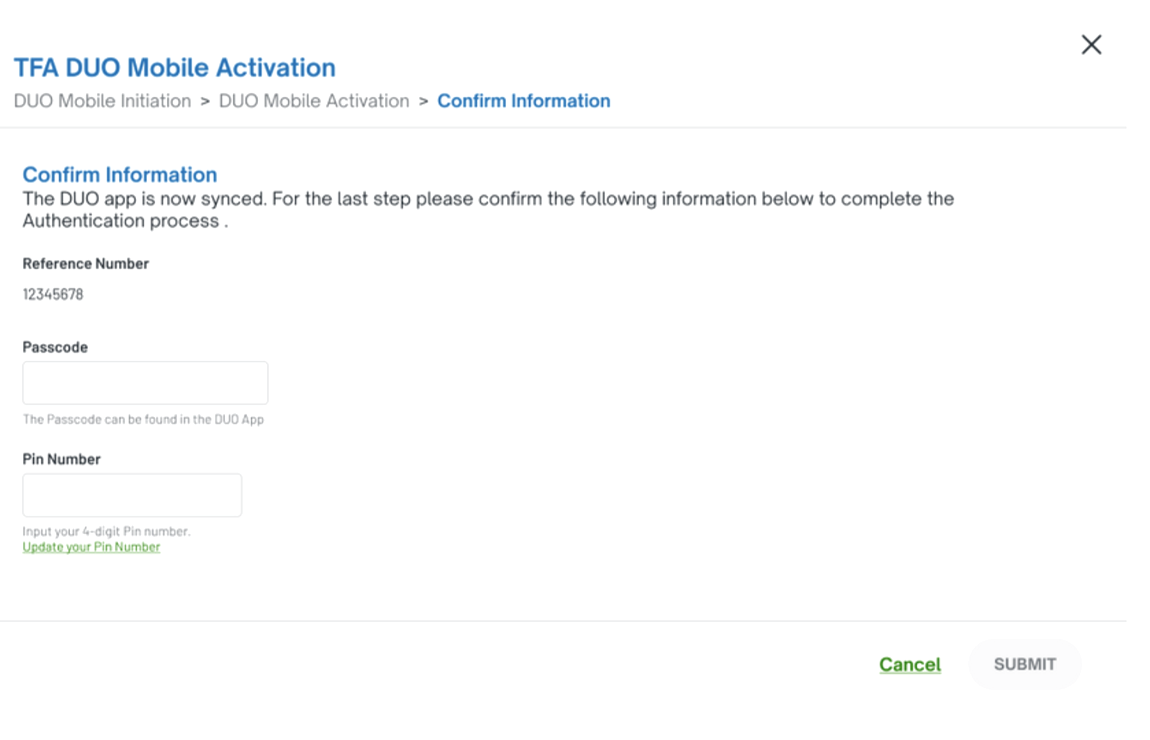 Confirm Information screen asking for the DUO passcode and PIN