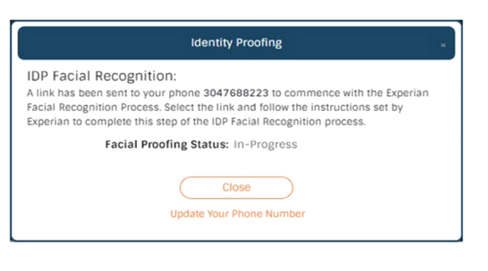 IDP facial recognition pop-up confirming a link was sent by text