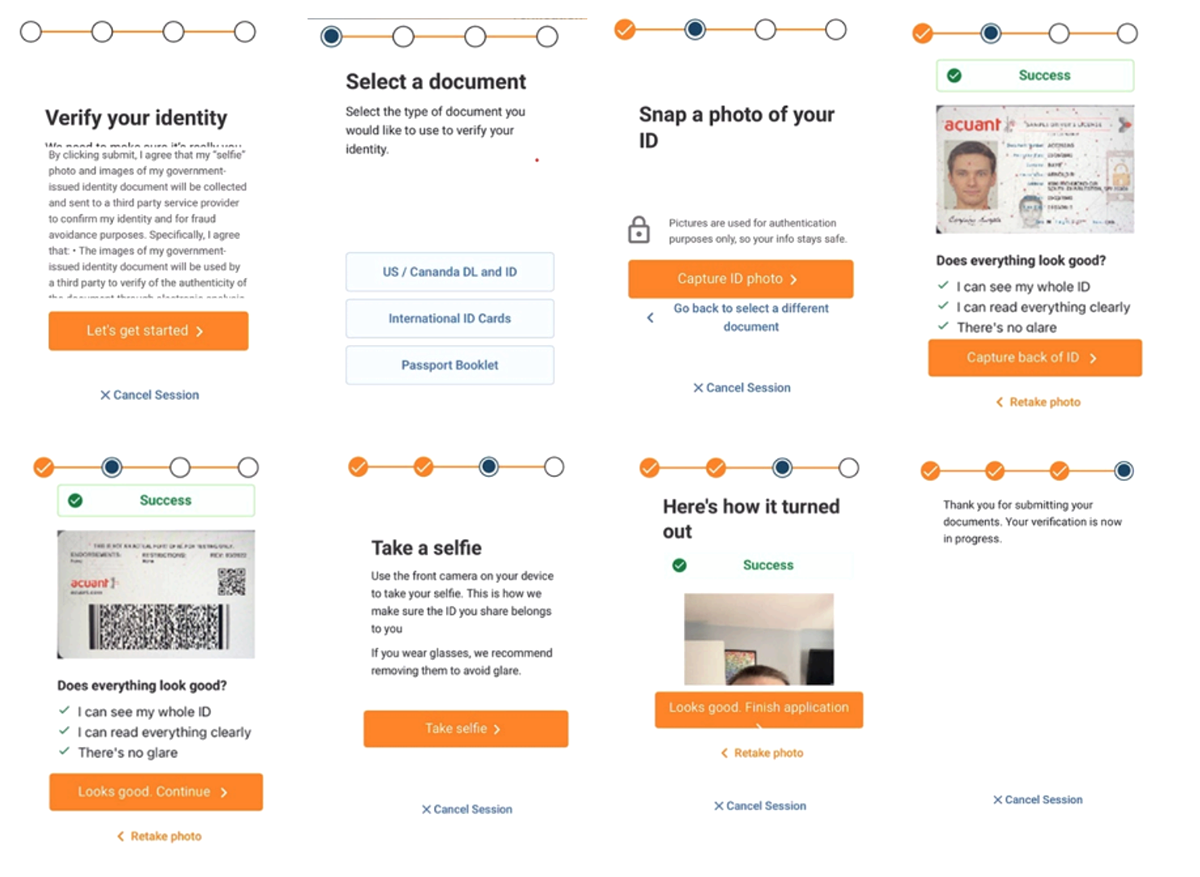Experian guided flow for photographing your ID and taking a selfie