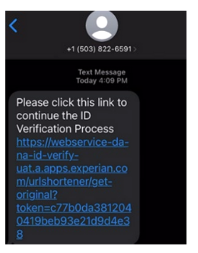 Text message with the Experian ID verification link