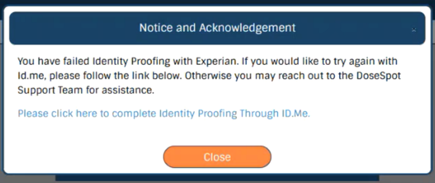 DoseSpot pop-up offering ID.me as a fallback after three failed attempts
