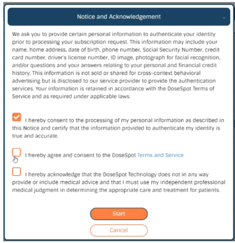Notice and Acknowledgement consent screen