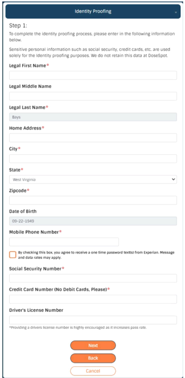 Experian identity proofing personal details form