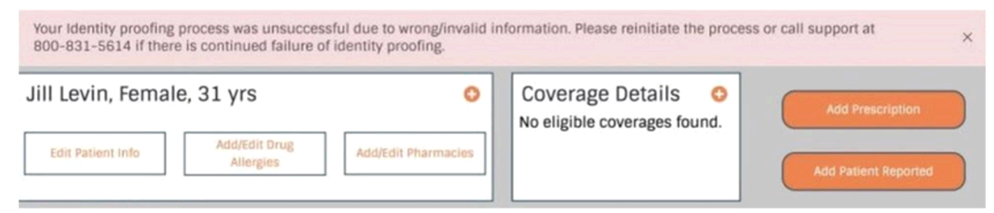 Red banner showing identity proofing failed